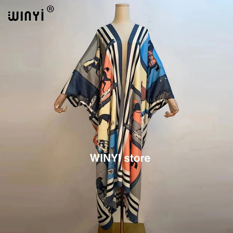 2021 WINYI new Cotton Bikini Sweet Lady Pink Boho Print Self Belted Front Open Long Kimono Dress Beach Tunic Women Wrap Dresses
