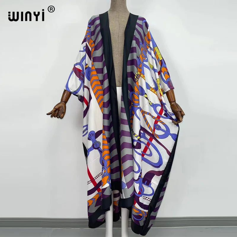 2021 WINYI new Cotton Bikini Sweet Lady Pink Boho Print Self Belted Front Open Long Kimono Dress Beach Tunic Women Wrap Dresses