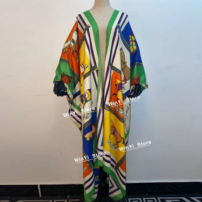 2021 WINYI new Cotton Bikini Sweet Lady Pink Boho Print Self Belted Front Open Long Kimono Dress Beach Tunic Women Wrap Dresses