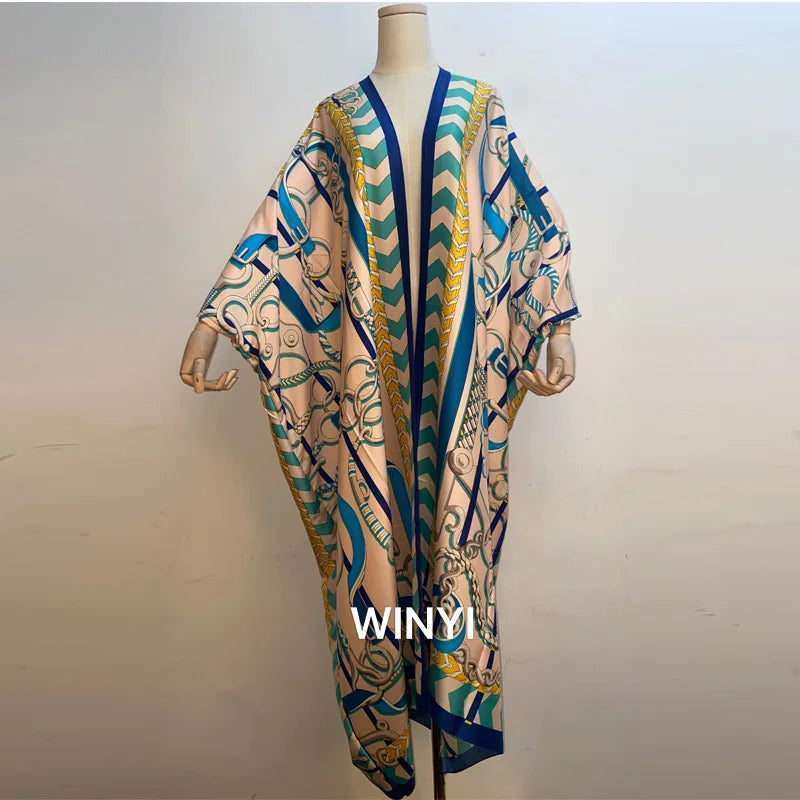 2021 WINYI new Cotton Bikini Sweet Lady Pink Boho Print Self Belted Front Open Long Kimono Dress Beach Tunic Women Wrap Dresses