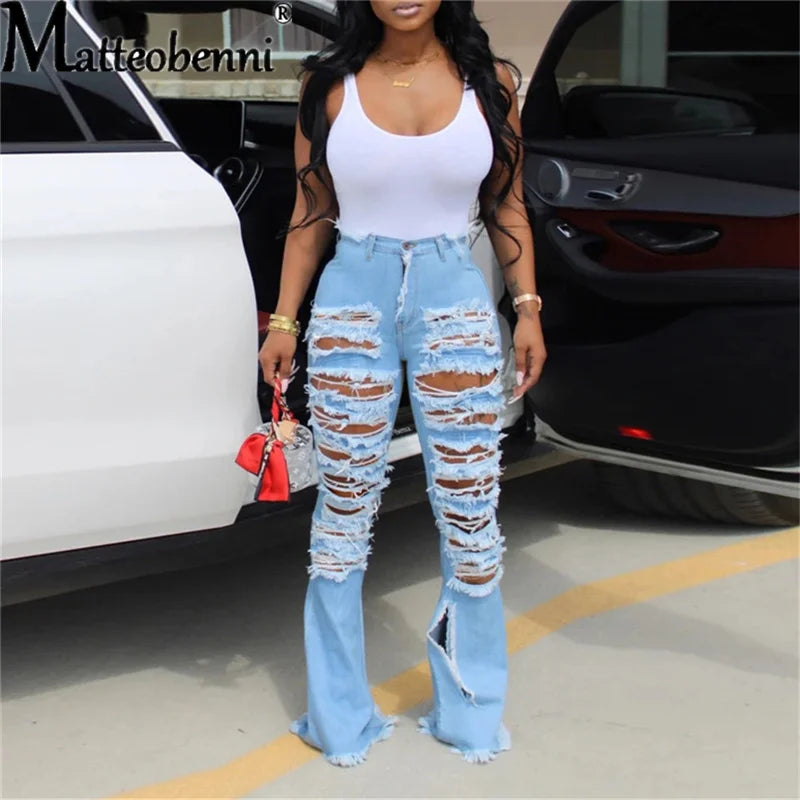 2021 Ripped Jeans For Women High Waist Elasticity Jeans Fashion Flare Jeans With Holes Vintage Bell Bottom Jeans Womens Clothing
