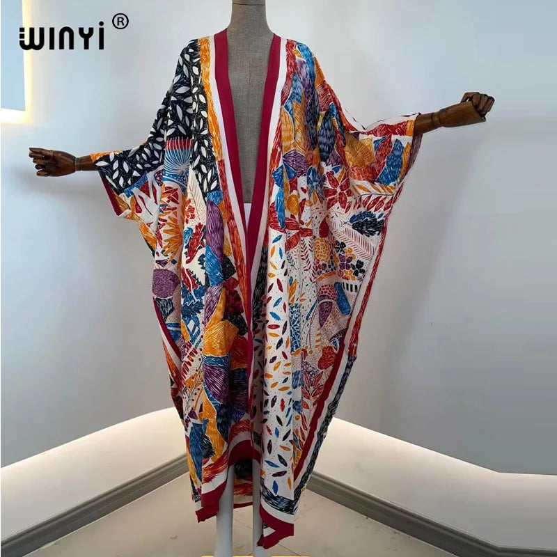 2021 WINYI new Cotton Bikini Sweet Lady Pink Boho Print Self Belted Front Open Long Kimono Dress Beach Tunic Women Wrap Dresses