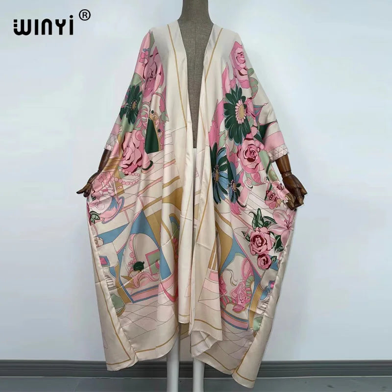 2021 WINYI new Cotton Bikini Sweet Lady Pink Boho Print Self Belted Front Open Long Kimono Dress Beach Tunic Women Wrap Dresses