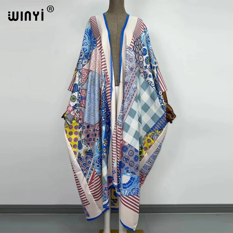 2021 WINYI new Cotton Bikini Sweet Lady Pink Boho Print Self Belted Front Open Long Kimono Dress Beach Tunic Women Wrap Dresses