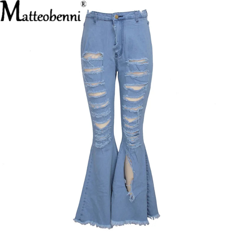 2021 Ripped Jeans For Women High Waist Elasticity Jeans Fashion Flare Jeans With Holes Vintage Bell Bottom Jeans Womens Clothing