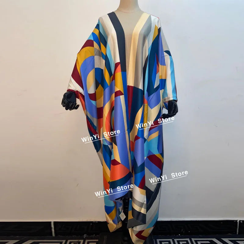 2021 WINYI new Cotton Bikini Sweet Lady Pink Boho Print Self Belted Front Open Long Kimono Dress Beach Tunic Women Wrap Dresses