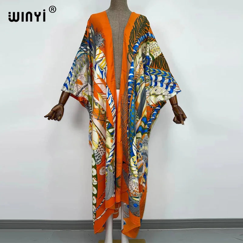 2021 WINYI new Cotton Bikini Sweet Lady Pink Boho Print Self Belted Front Open Long Kimono Dress Beach Tunic Women Wrap Dresses