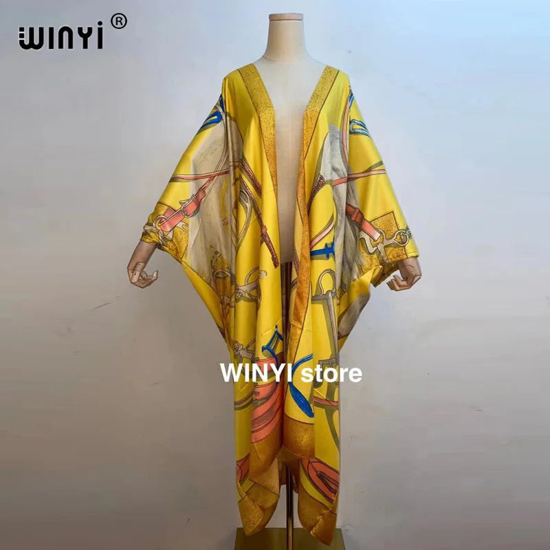 2021 WINYI new Cotton Bikini Sweet Lady Pink Boho Print Self Belted Front Open Long Kimono Dress Beach Tunic Women Wrap Dresses