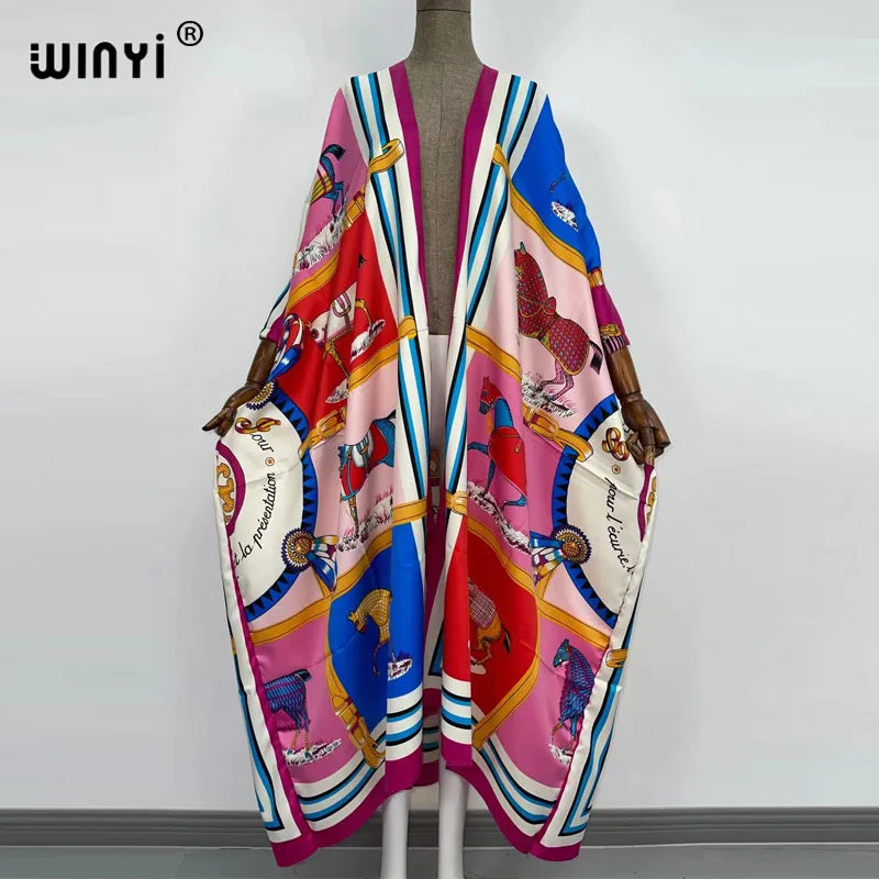 2021 WINYI new Cotton Bikini Sweet Lady Pink Boho Print Self Belted Front Open Long Kimono Dress Beach Tunic Women Wrap Dresses