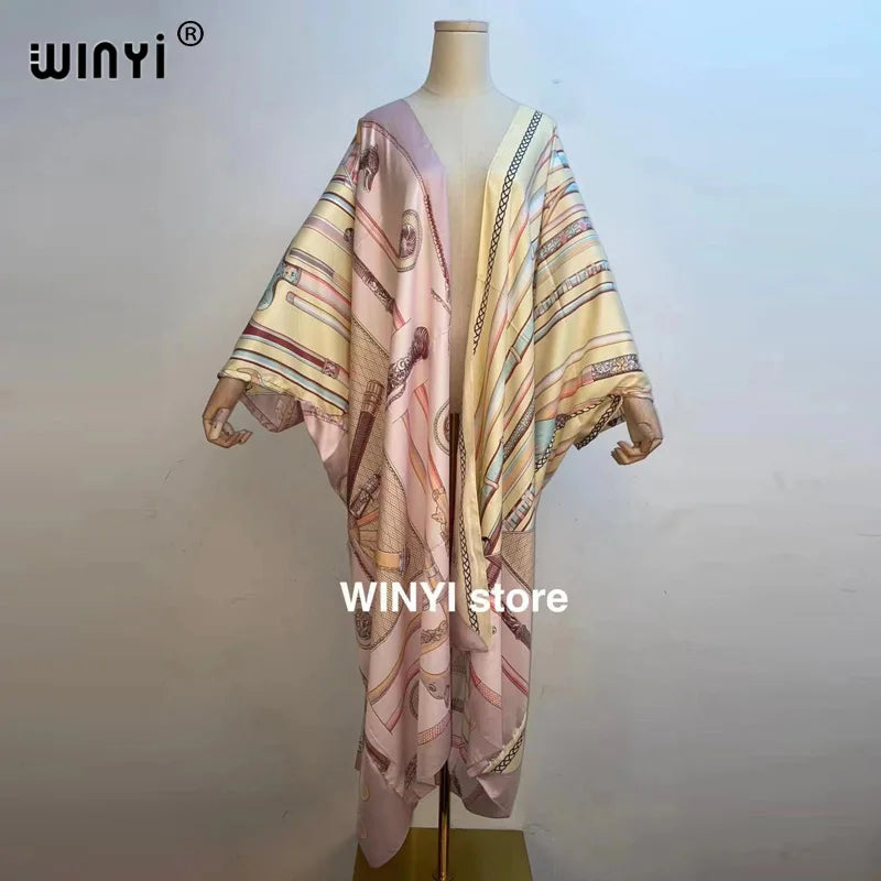 2021 WINYI new Cotton Bikini Sweet Lady Pink Boho Print Self Belted Front Open Long Kimono Dress Beach Tunic Women Wrap Dresses
