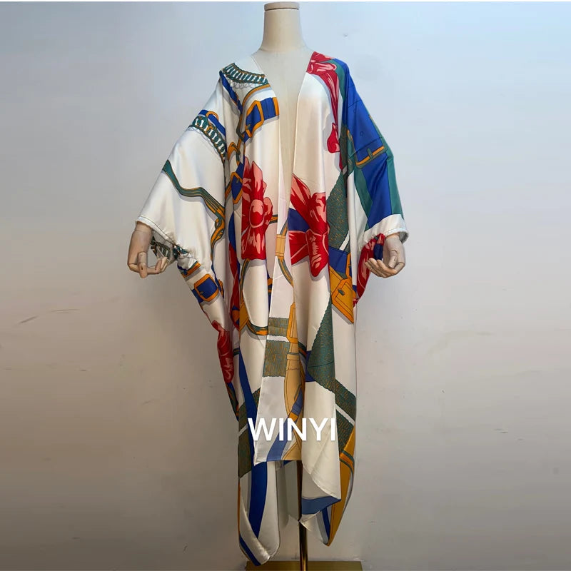 2021 WINYI new Cotton Bikini Sweet Lady Pink Boho Print Self Belted Front Open Long Kimono Dress Beach Tunic Women Wrap Dresses
