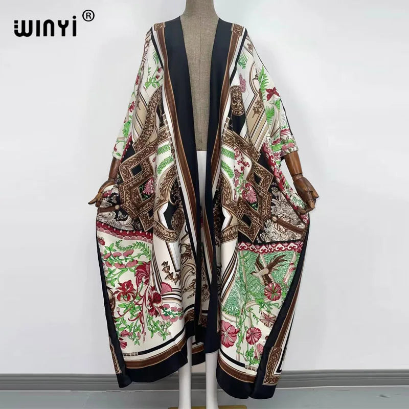 2021 WINYI new Cotton Bikini Sweet Lady Pink Boho Print Self Belted Front Open Long Kimono Dress Beach Tunic Women Wrap Dresses