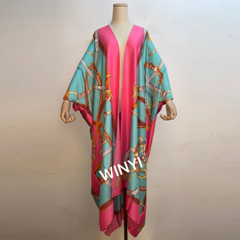 2021 WINYI new Cotton Bikini Sweet Lady Pink Boho Print Self Belted Front Open Long Kimono Dress Beach Tunic Women Wrap Dresses