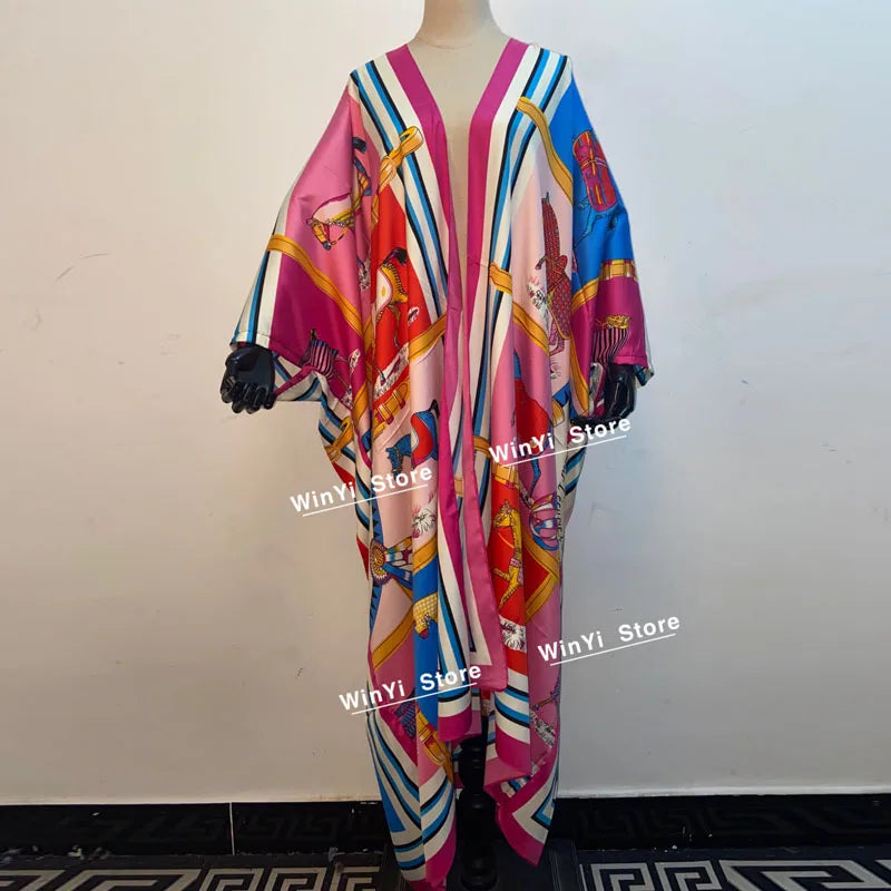 2021 WINYI new Cotton Bikini Sweet Lady Pink Boho Print Self Belted Front Open Long Kimono Dress Beach Tunic Women Wrap Dresses