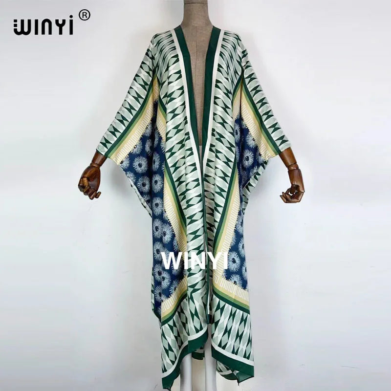 2021 WINYI new Cotton Bikini Sweet Lady Pink Boho Print Self Belted Front Open Long Kimono Dress Beach Tunic Women Wrap Dresses