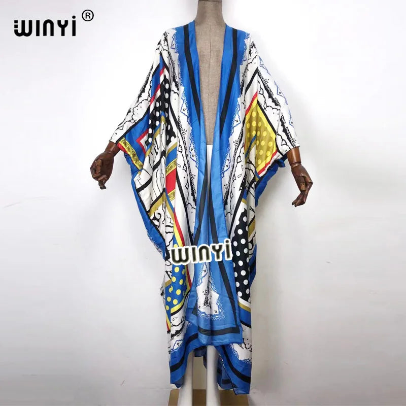 2021 WINYI new Cotton Bikini Sweet Lady Pink Boho Print Self Belted Front Open Long Kimono Dress Beach Tunic Women Wrap Dresses