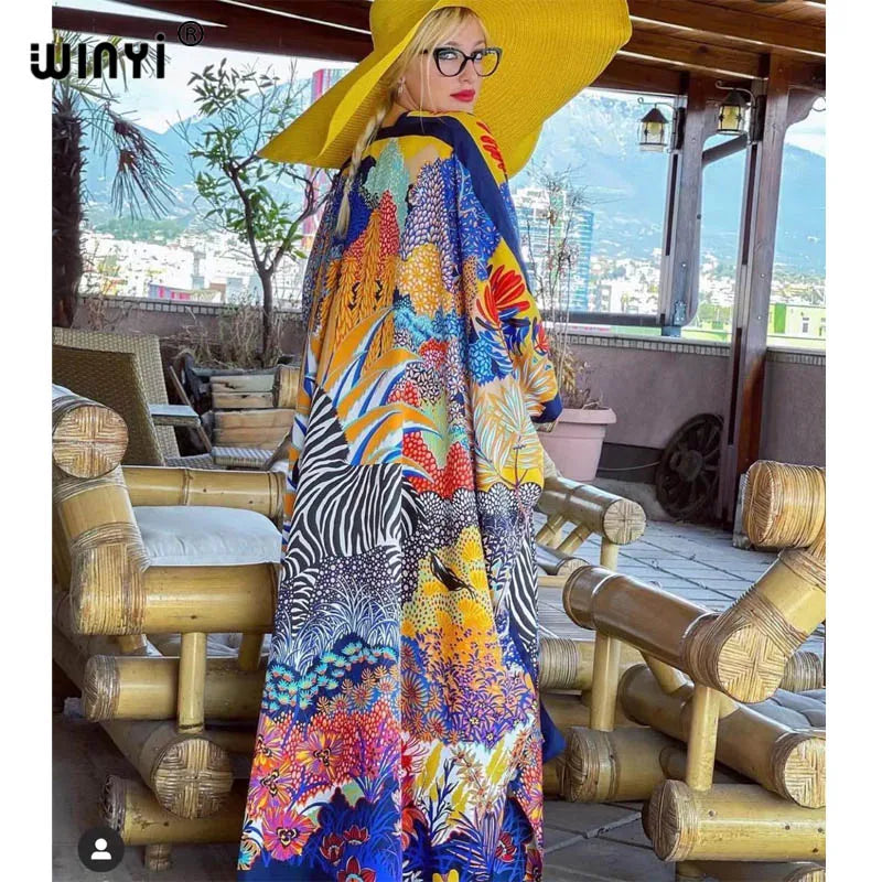 2021 WINYI new Cotton Bikini Sweet Lady Pink Boho Print Self Belted Front Open Long Kimono Dress Beach Tunic Women Wrap Dresses