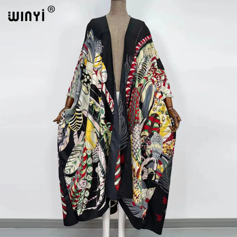2021 WINYI new Cotton Bikini Sweet Lady Pink Boho Print Self Belted Front Open Long Kimono Dress Beach Tunic Women Wrap Dresses