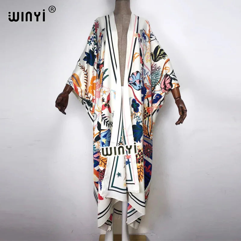 2021 WINYI new Cotton Bikini Sweet Lady Pink Boho Print Self Belted Front Open Long Kimono Dress Beach Tunic Women Wrap Dresses