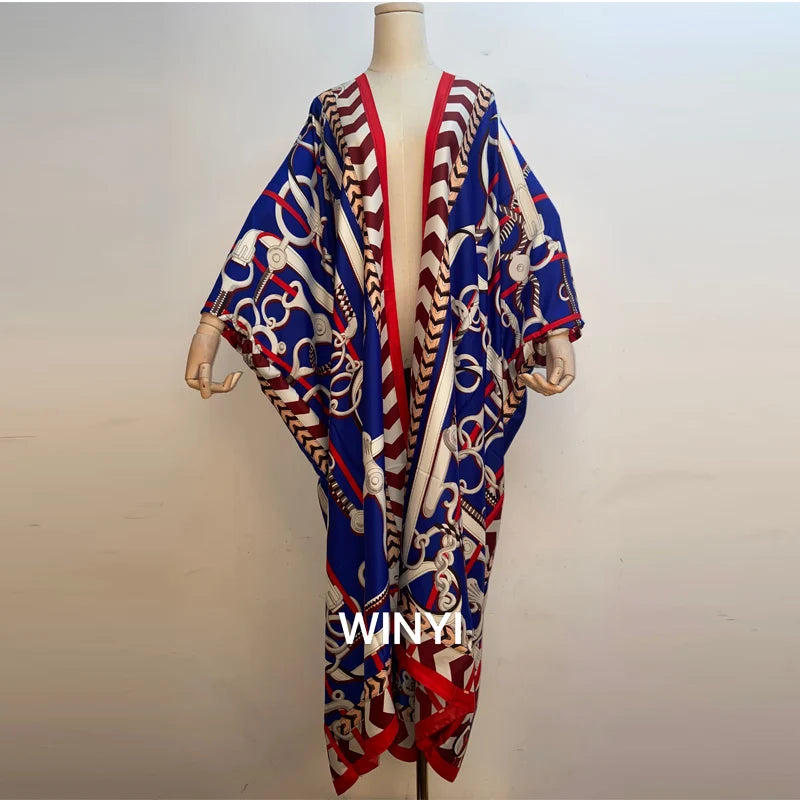 2021 WINYI new Cotton Bikini Sweet Lady Pink Boho Print Self Belted Front Open Long Kimono Dress Beach Tunic Women Wrap Dresses