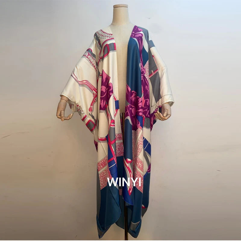 2021 WINYI new Cotton Bikini Sweet Lady Pink Boho Print Self Belted Front Open Long Kimono Dress Beach Tunic Women Wrap Dresses