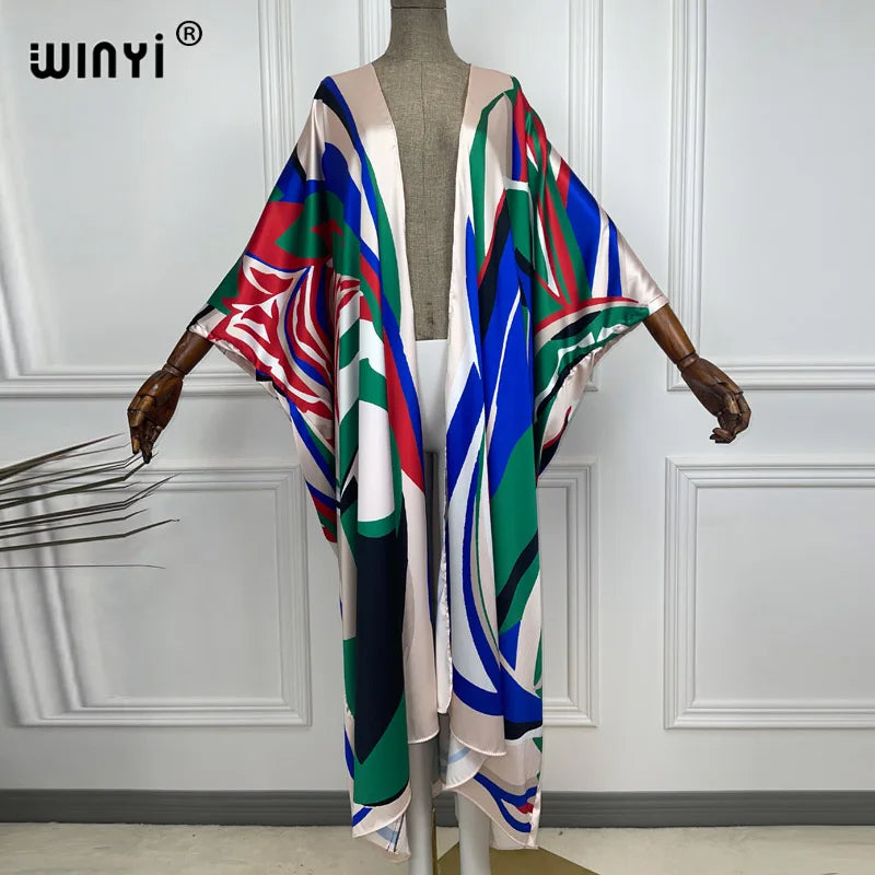 2021 WINYI new Cotton Bikini Sweet Lady Pink Boho Print Self Belted Front Open Long Kimono Dress Beach Tunic Women Wrap Dresses
