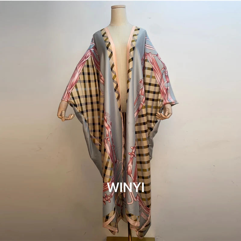 2021 WINYI new Cotton Bikini Sweet Lady Pink Boho Print Self Belted Front Open Long Kimono Dress Beach Tunic Women Wrap Dresses