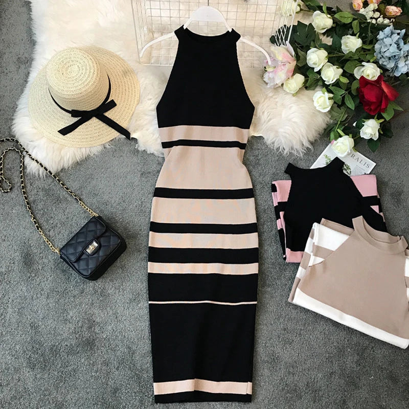 2024 summer women's hanging neck knit long dress round neck stripes hit color waist slim slim ming knit long dress office lady