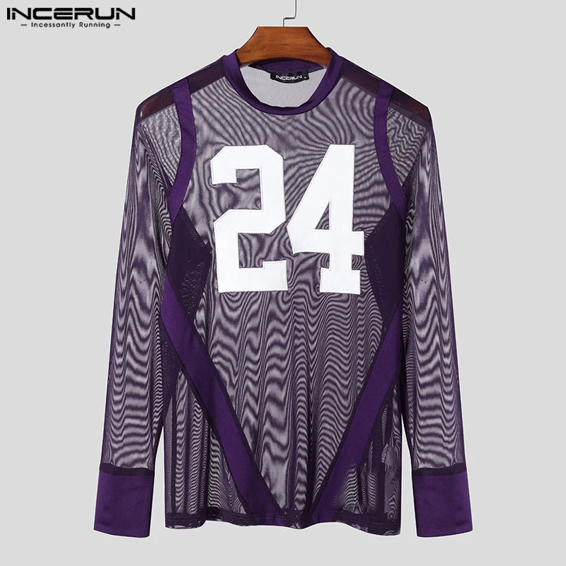 Stylish Well Fitting Tops INCERUN Men's See-through Digital Print T-shirt Casual Party All-match Thin Long Sleeved Camiseta 2025