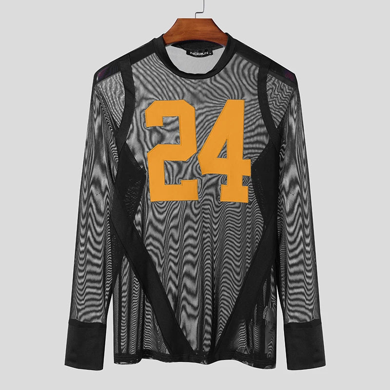 Stylish Well Fitting Tops INCERUN Men's See-through Digital Print T-shirt Casual Party All-match Thin Long Sleeved Camiseta 2025