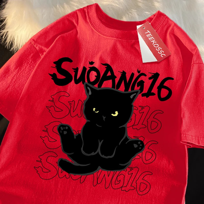 Fun Black Cat Print Japanese Style Men Women T-Shirt Fashion Clothing Cotton Tops Fashion Summer Tee Clothes Oversized Tshirt