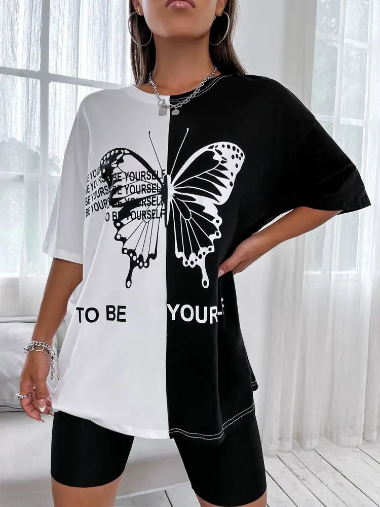 Women's 3D butterfly color splicing printed T-shirt oversized round neck Harajuku T-shirt short-sleeved casual street
