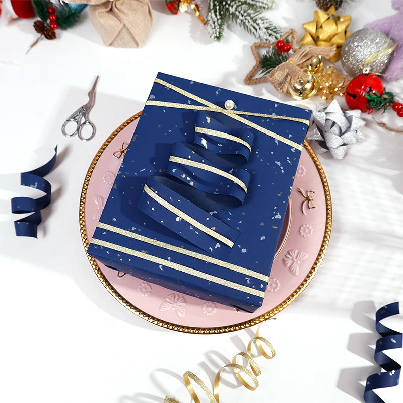 Gift Wrapping Paper Roll, 1 Roll 17inch x 120inch,Navy Blue Gold Foil Design for Holiday, Birthday, Wedding, Party