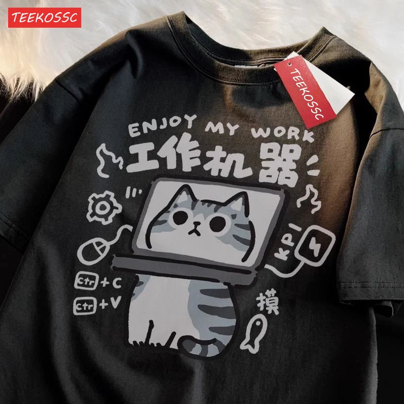 American Short Cat Numb Funny Short Sleeved t-shirt For Women In 2024 Summer New Casual Loose Oversized Cotton Top Tees