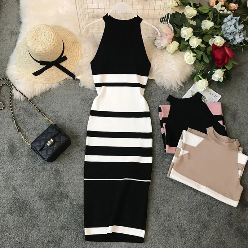 2024 summer women's hanging neck knit long dress round neck stripes hit color waist slim slim ming knit long dress office lady