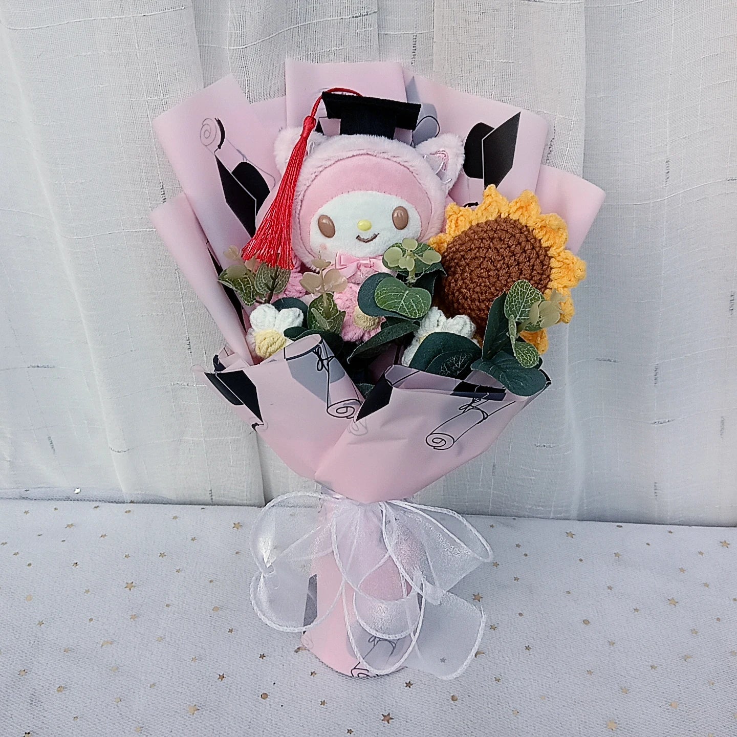 Graduation Gifts Sanrio Kuromi Hello Kitty With Crochet Sunflower Bouquet My Melody Cinnamoroll Mother's Day Birthday Gifts