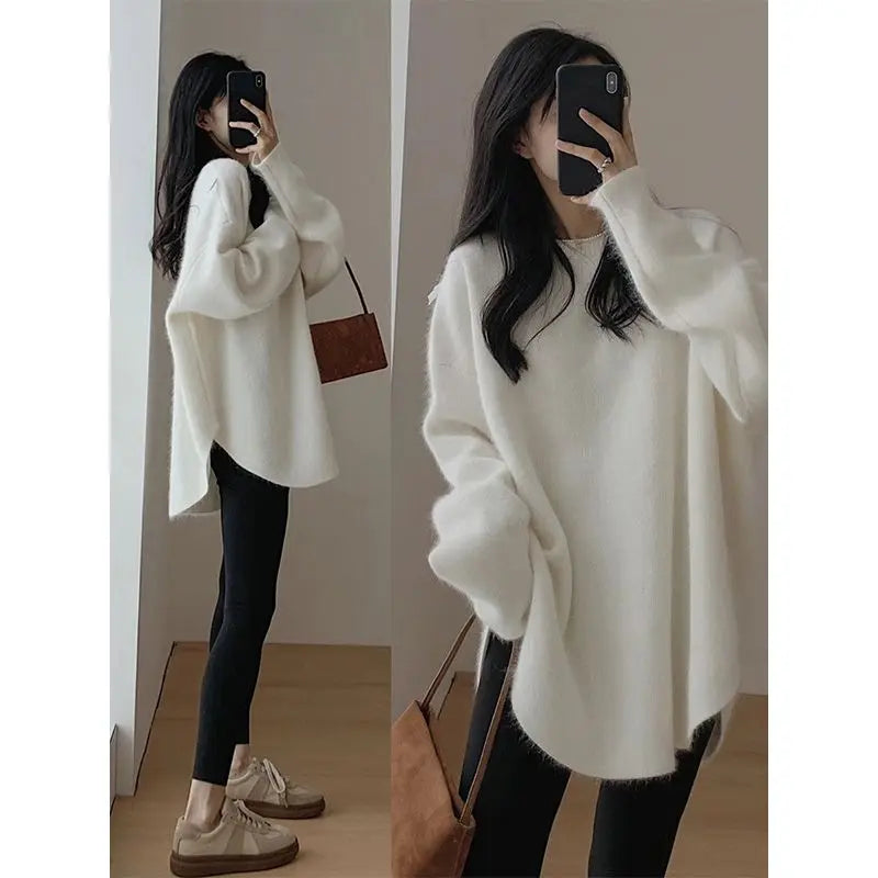Women's Korean Fashion Simple Chic Oversized Knitted Sweater Solid O Neck Long Sleeve Pullover Tops Streetwear Irregular Jumpers