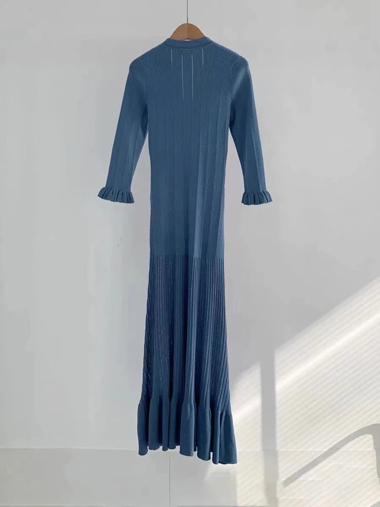 2025 New Blue Slim Knitted Long Dress Women's Round Neck Midi Sleeve Fashion Pleated Ruffled Hem Temperament Luxury Party Robe
