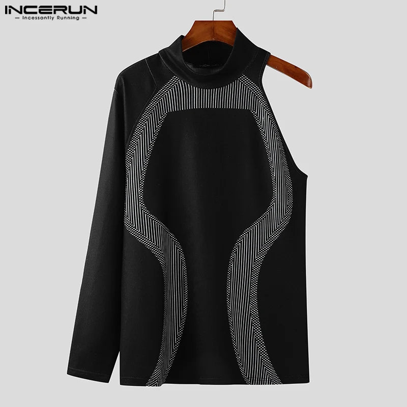 INCERUN Men Simple Camisetas Men Well Fitting Long Sleeved Handsome Knitted T-Shirts 2024 Casual Printing Stand Collar Male Tops