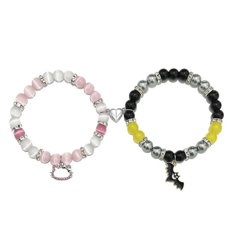 New 2Pcs/Set Crystal Hello Cat Beaded Bracelets for Lovers Heart Magnetic Matching Couple Bracelets Girls Festival Jewelry Gifts