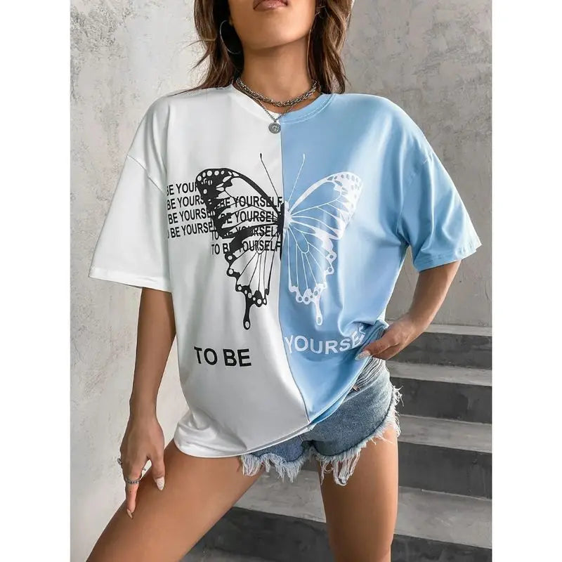Women's 3D butterfly color splicing printed T-shirt oversized round neck Harajuku T-shirt short-sleeved casual street