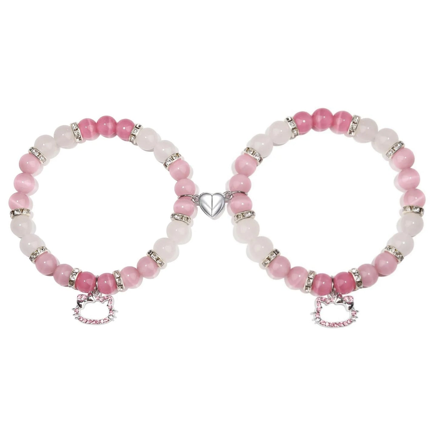 New 2Pcs/Set Crystal Hello Cat Beaded Bracelets for Lovers Heart Magnetic Matching Couple Bracelets Girls Festival Jewelry Gifts