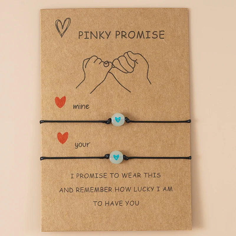 2Pcs/Set Pinky Promise Bracelets Friendship Couple Matching Bracelet Luminous Heart Bead Elastic Rope Valentine's Day Gifts