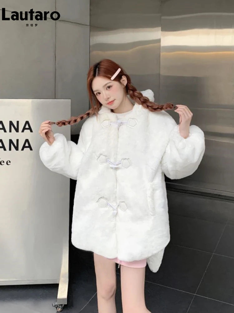 Lautaro Winter Oversized Warm White Faux Fur Coat Women ith Bunny Ears Kawaii Sweet Cute Japanese Style Fluffy Jacket Hoodie