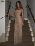 Sexy Shiny Sequins Strapless Long Dress Women See Through Pleated Backless Dresses 2024 Summer New Ladies Party Club Vestidos