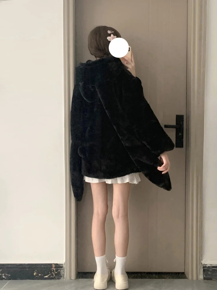 Lautaro Winter Oversized Warm White Faux Fur Coat Women ith Bunny Ears Kawaii Sweet Cute Japanese Style Fluffy Jacket Hoodie