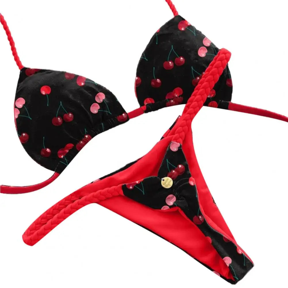 2Pcs/Set Women Bikini Set Halter Lace-Up Sleeveless Bra Braided Rope Swimming Briefs Set Sexy Quick Drying Beachwear