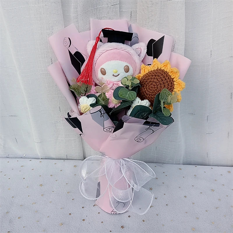 Graduation Gifts Sanrio Kuromi Hello Kitty With Crochet Sunflower Bouquet My Melody Cinnamoroll Mother's Day Birthday Gifts