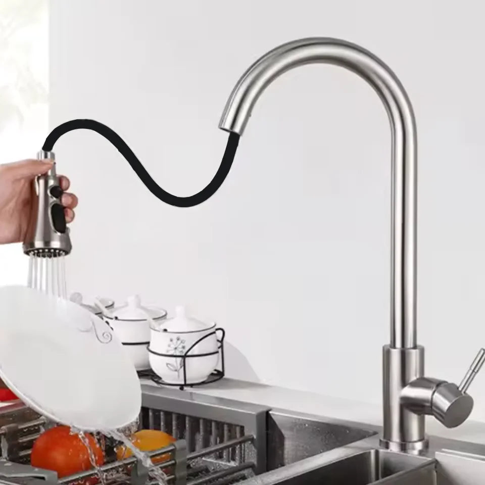 Kitchen Stainless Steel Hot and Cold Faucet, Kitchen Sink Pull-out Kitchen Faucet with 3 Functional Nozzles