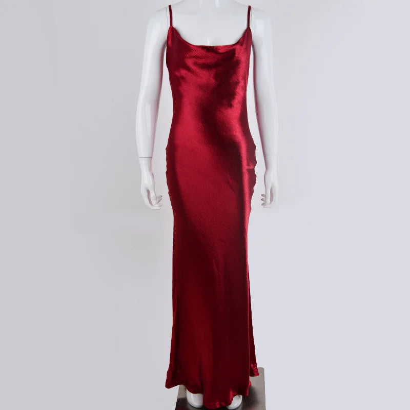 Sexy Spaghetti Strap Backless Summer Dress Women Gold Satin Lace Up Long Dress Elegant Bodycon Party Club Dresses 2024 New